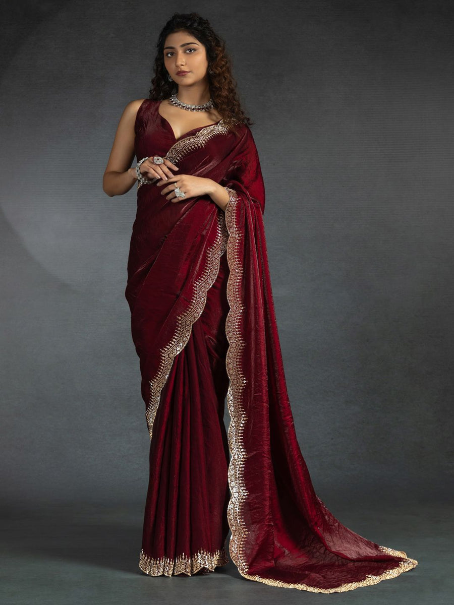 Luxury Satin Saree with Heavy Zari Embroidered Border & Blouse Piece | Party Wear Designer Saree