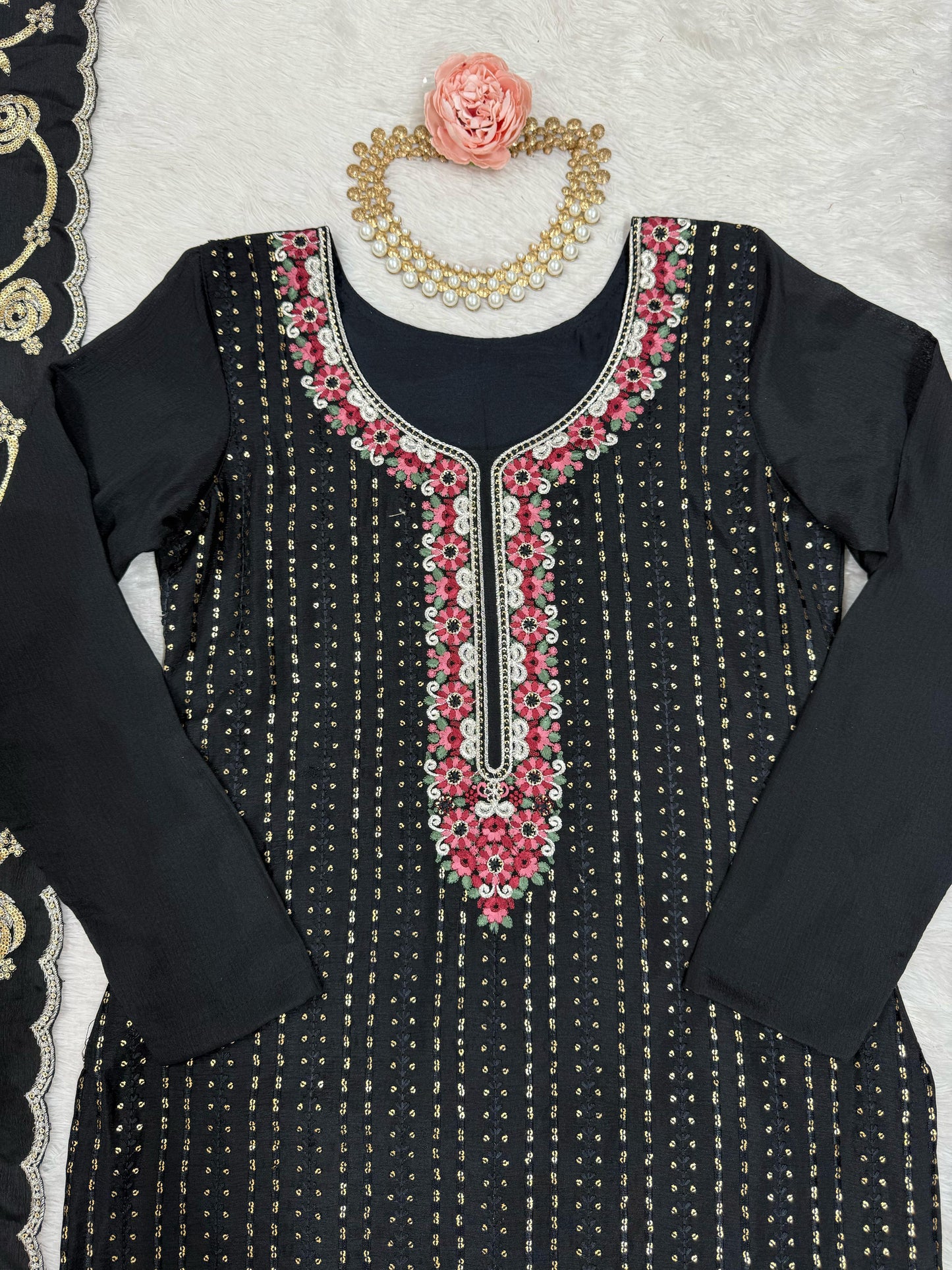 Elegant Chinon Silk Black Color Salwar Suit