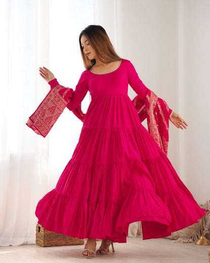 Elegant Pink Color Pure Roman Silk Chanderi Fabric Fully Flair Anarkali Gown With Dupatta
