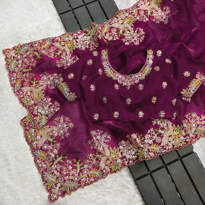 Traditional Wear Embroidery Work Wine Color Saree