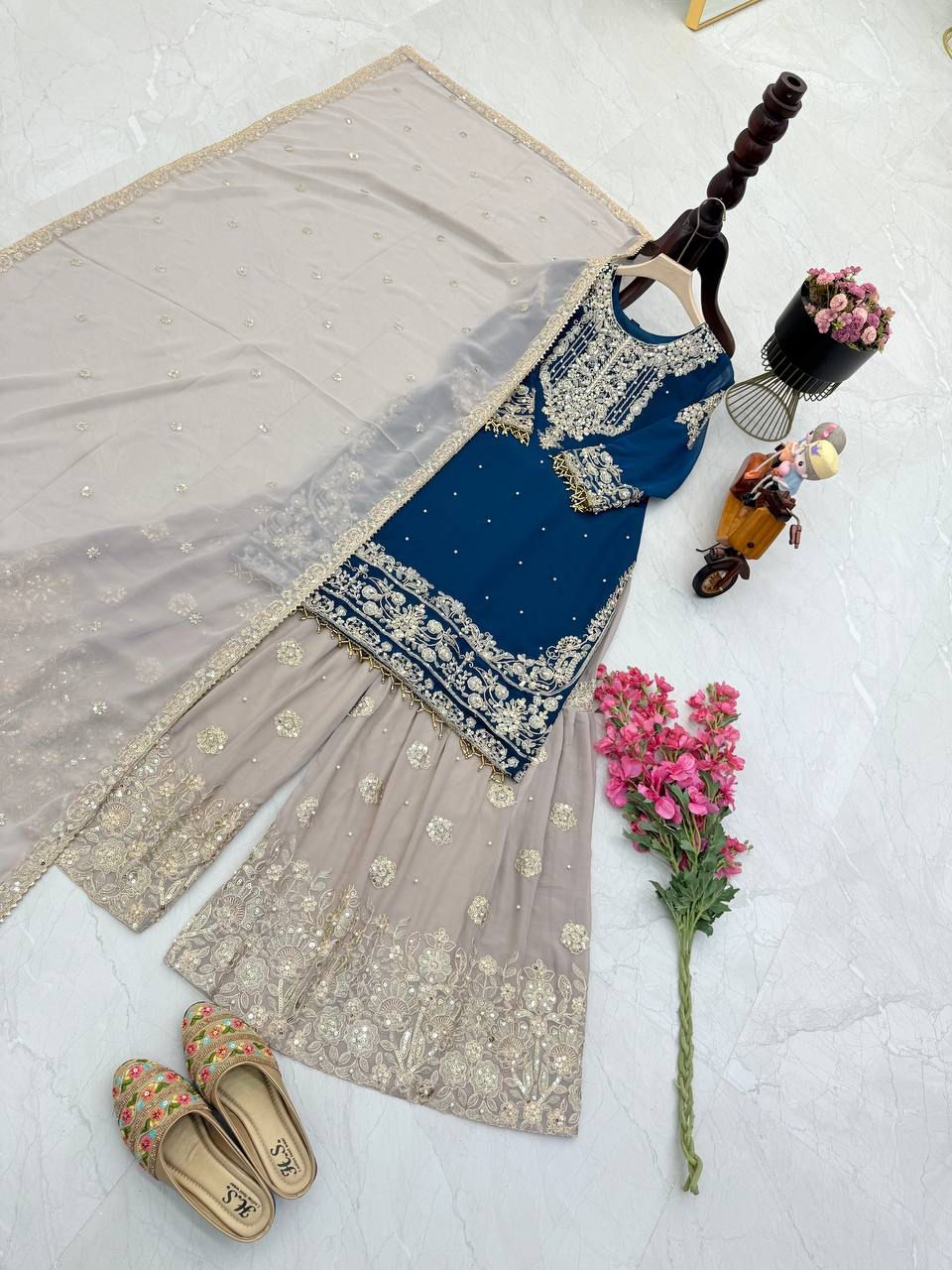 Glimmering Georgette Teal Blue Color Sharara Suit