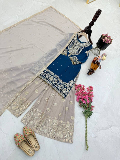 Glimmering Georgette Teal Blue Color Sharara Suit