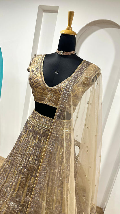 Party Wear Thread Work Gold Color Lehenga Choli