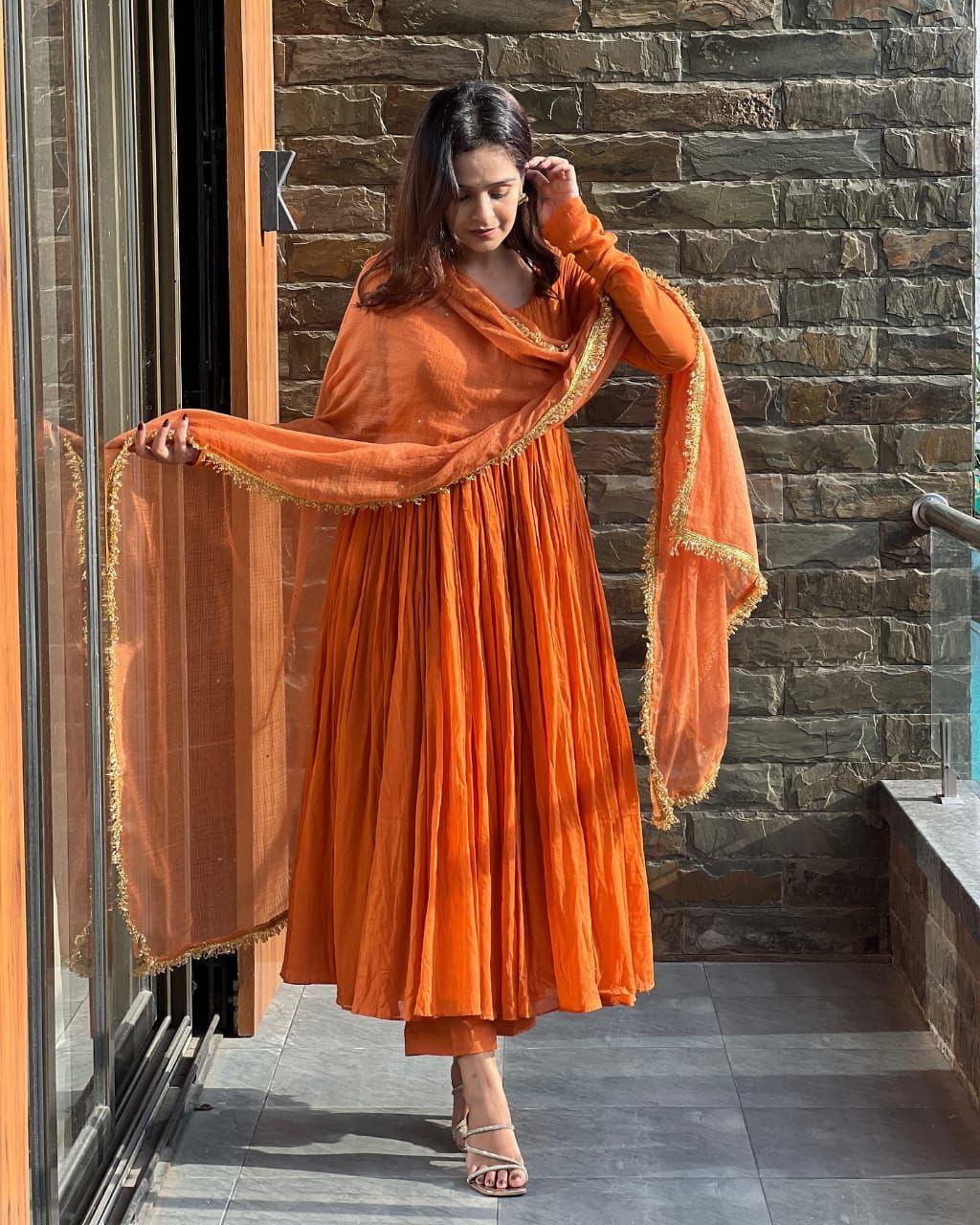 Peaceful Orange Color Chinnon Silk Anarkali Gown