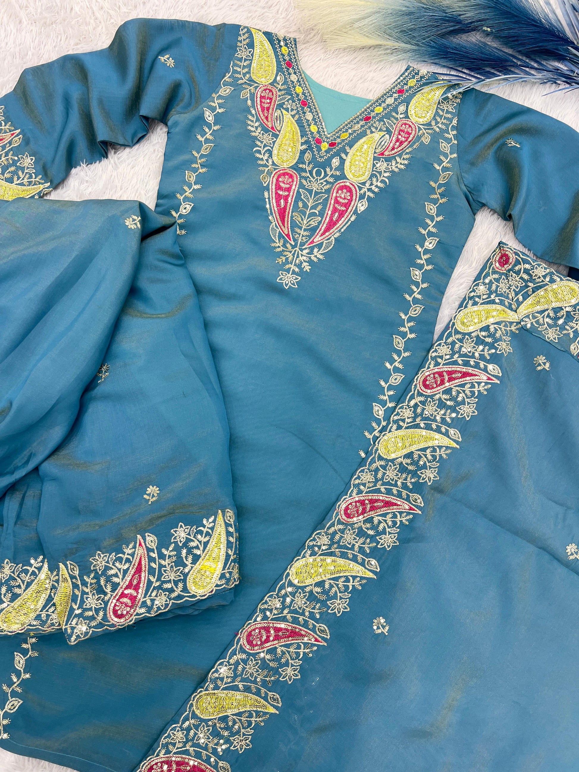Imposing Roman Embroidery Work Blue Color Palazzo Suit