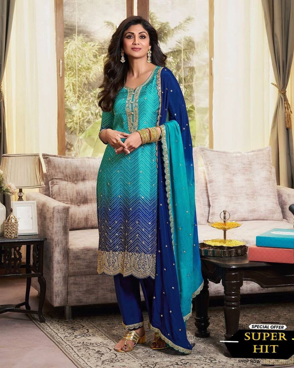 Shilpa Shetty Bollywood  Sky Blue With Navy Blue Color Salwar Suit