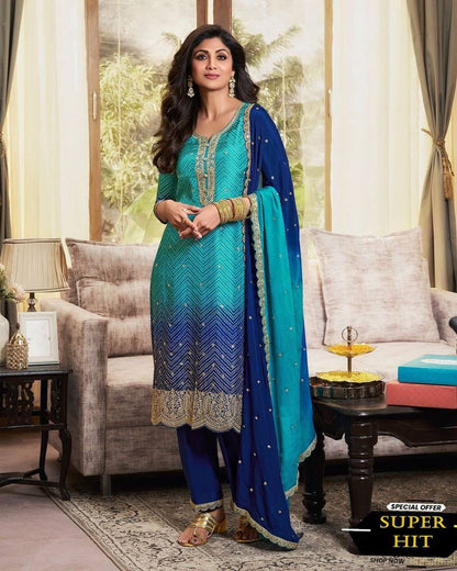 Shilpa Shetty Bollywood  Sky Blue With Navy Blue Color Salwar Suit