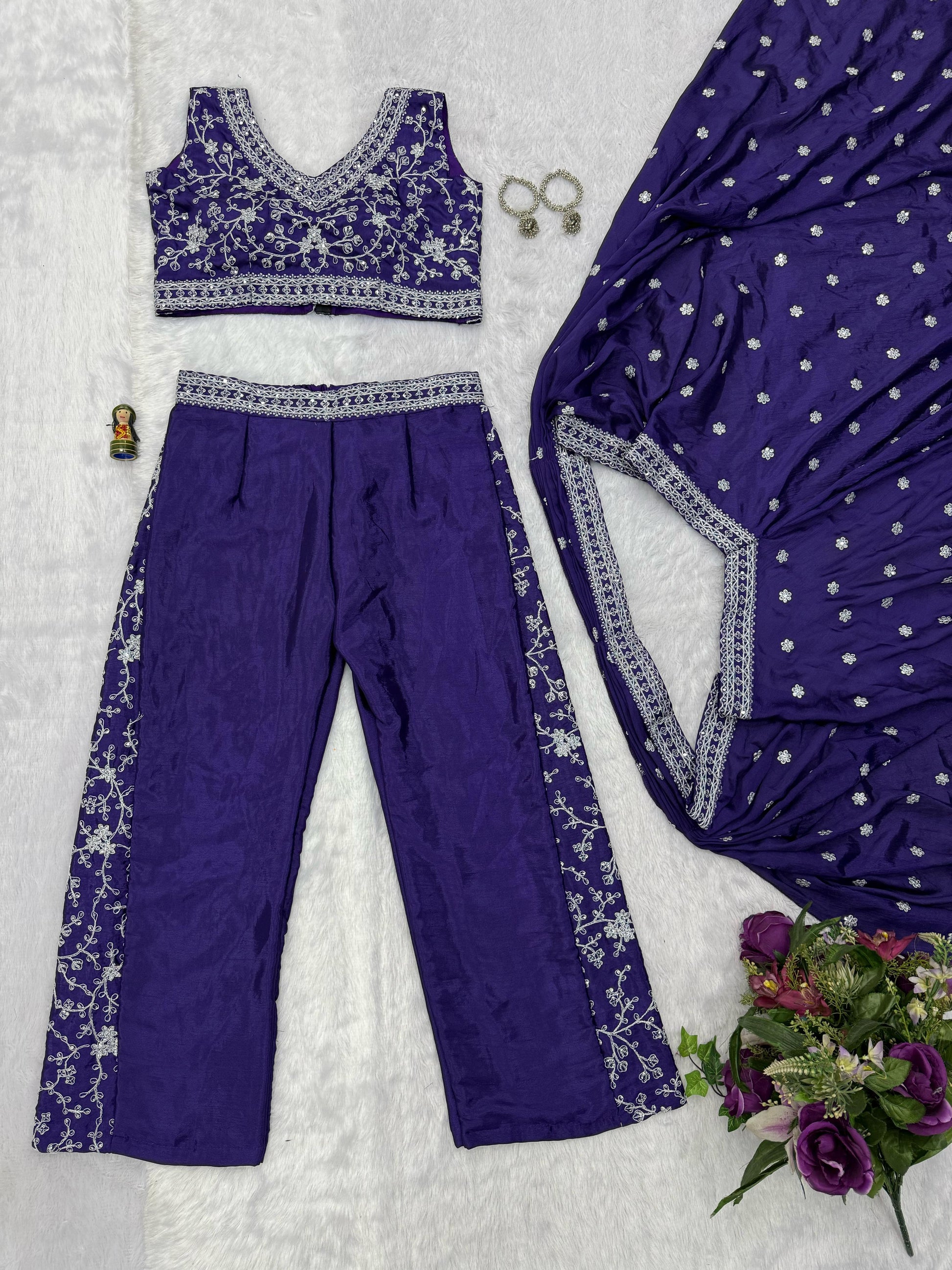 Function Wear Embroidery Work Navy Blue Color Palazzo Set