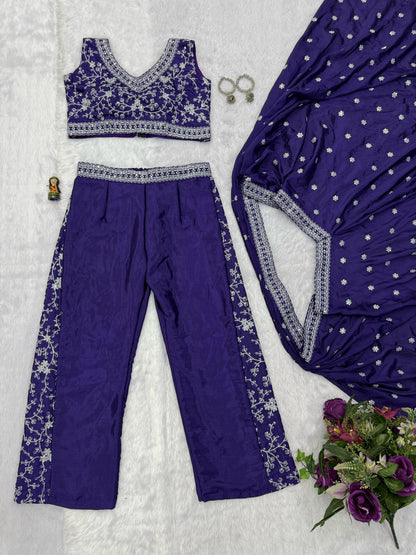 Function Wear Embroidery Work Navy Blue Color Palazzo Set