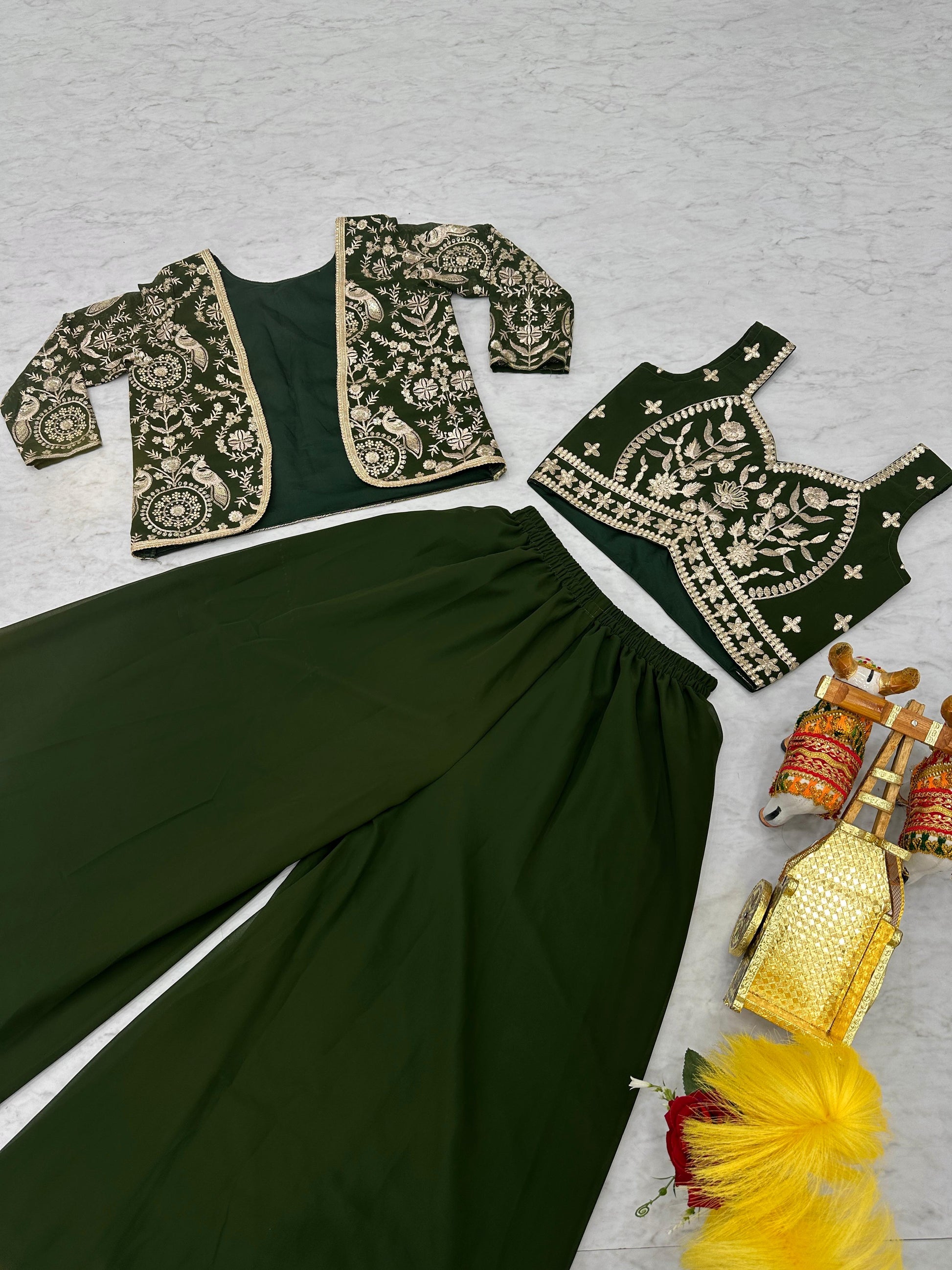 Glossy Georgette Lace Work Mehndi Color Palazzo Suit With Koti