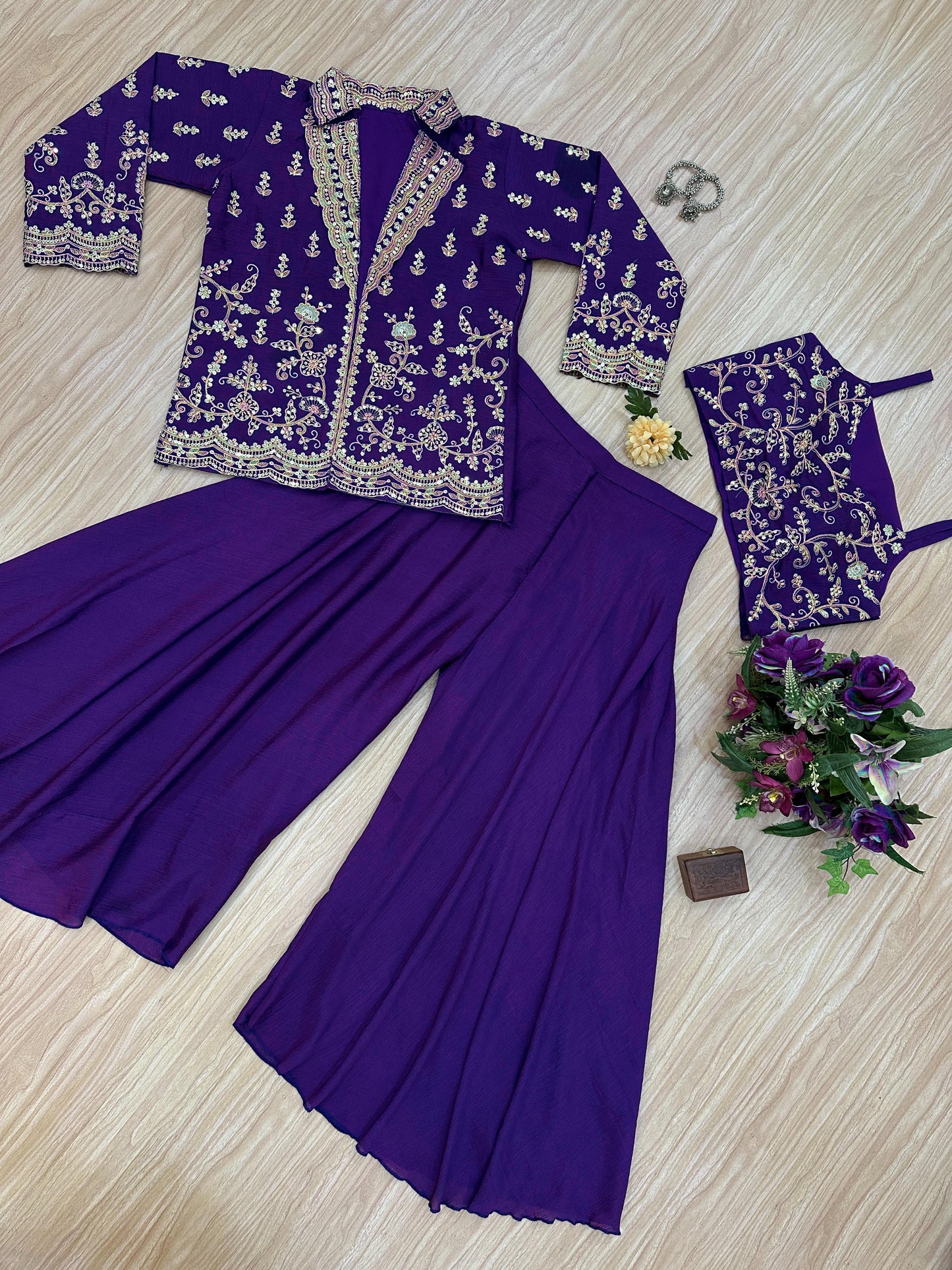 Outstanding Heavy Work Purple Color Palazzo Suit With Koti