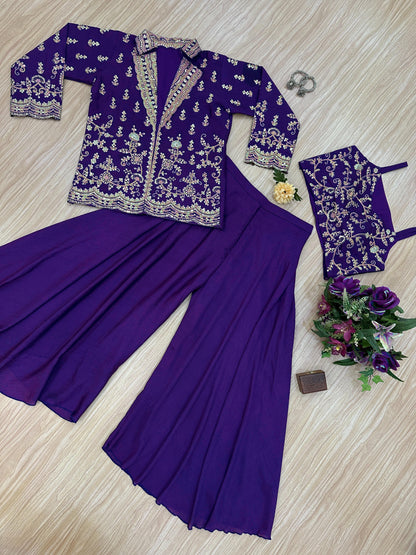 Outstanding Heavy Work Purple Color Palazzo Suit With Koti