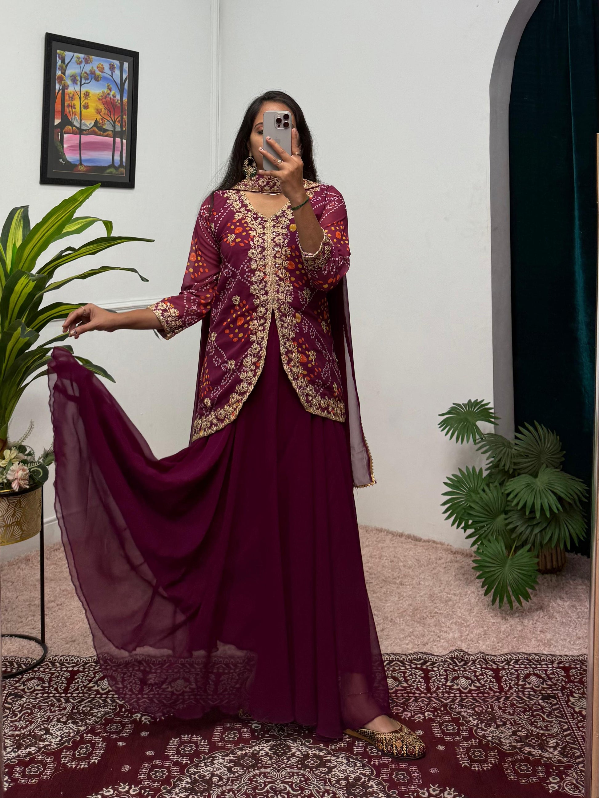 Party Wear Embroidery Work Purple Color Gown Koti With Dupatta