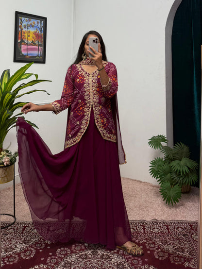 Party Wear Embroidery Work Purple Color Gown Koti With Dupatta