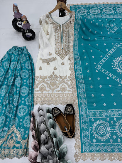 Demanding Heavy Work White Color Sharara Suit With Blue Dupatta