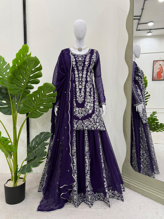 Awesome Gorgette Purple Color Sharara Suit