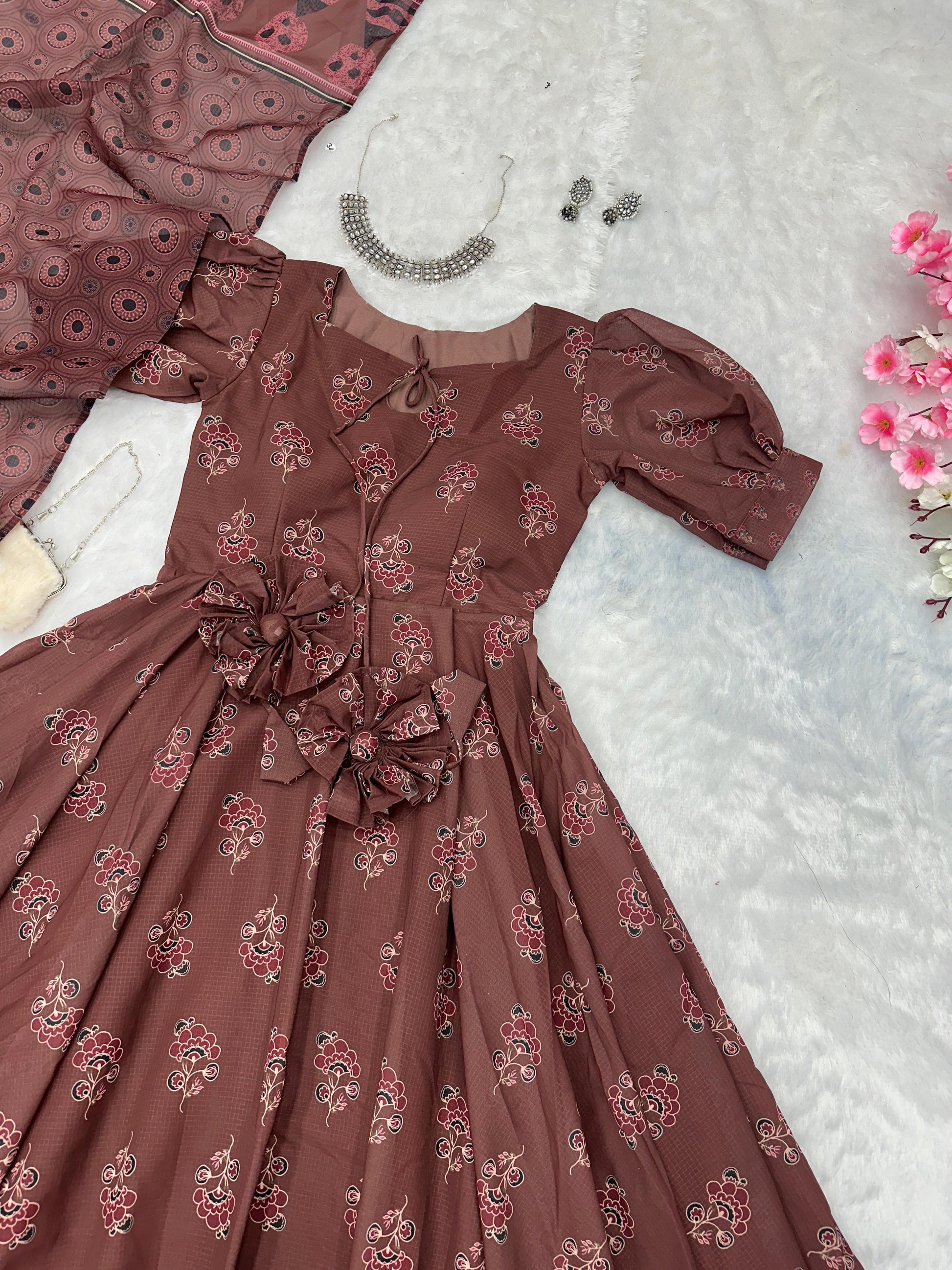 Casual Wear Printed Cotton Brown Color Gown