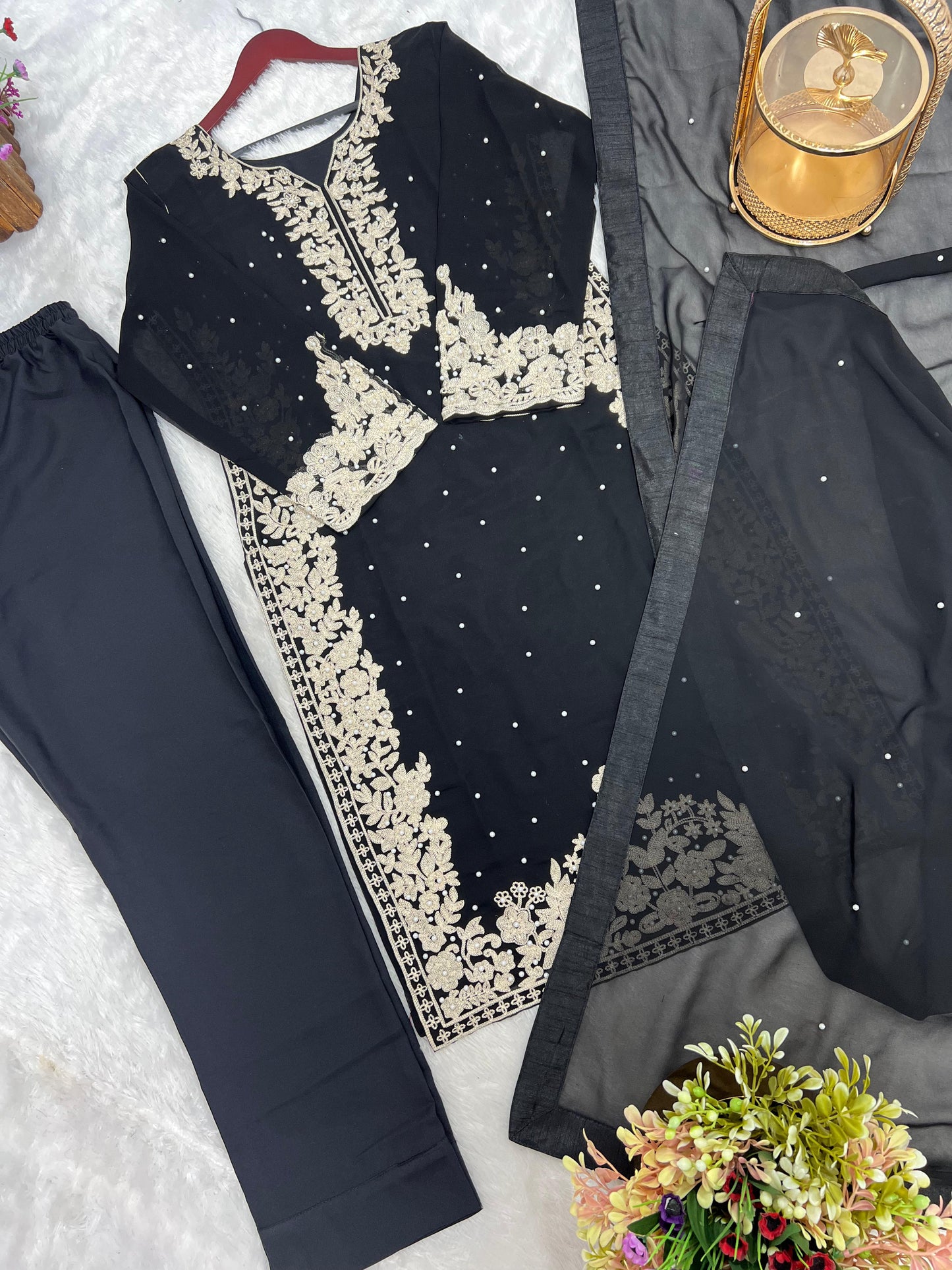Outstanding Riveted Moti Work Black Color Palazzo Suit