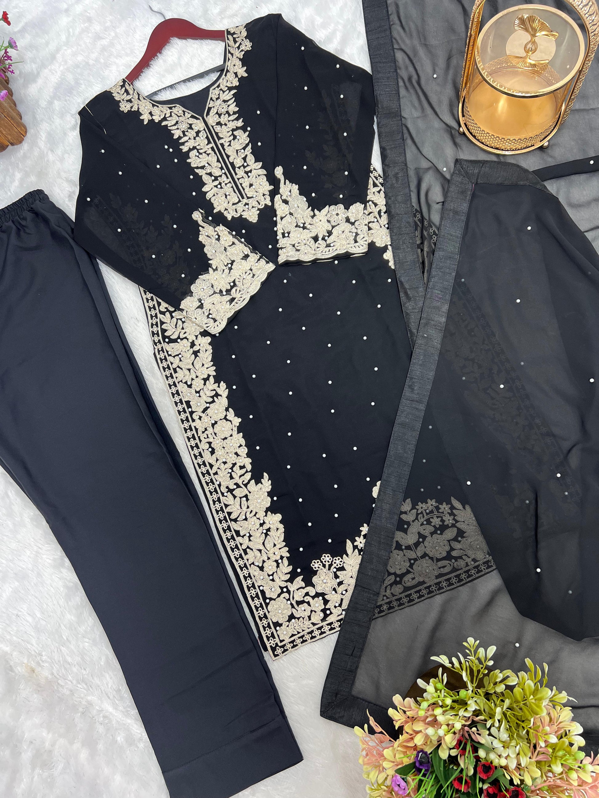 Outstanding Riveted Moti Work Black Color Palazzo Suit