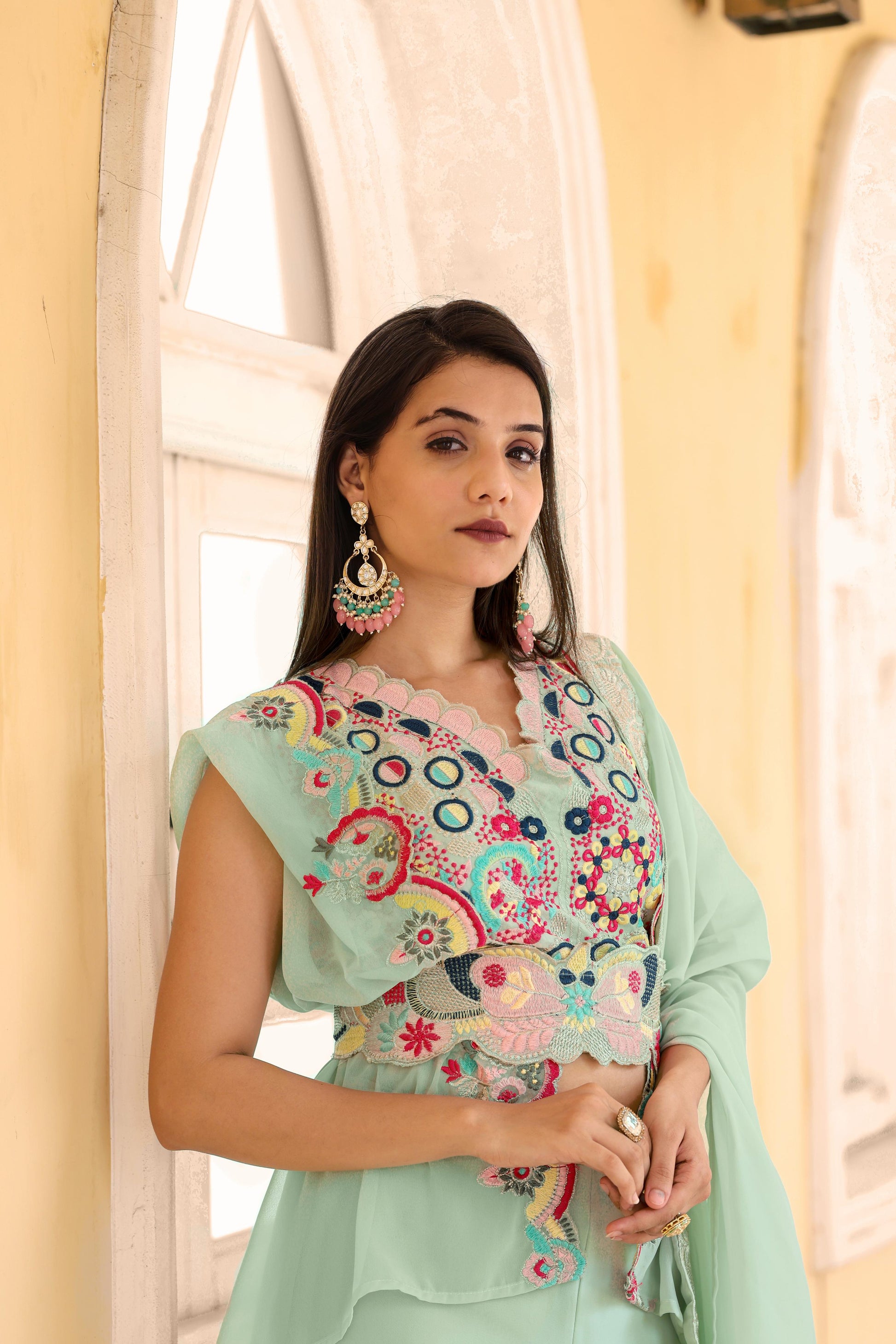 Unique Georgette Pista Color Palazzo Suit With Koti