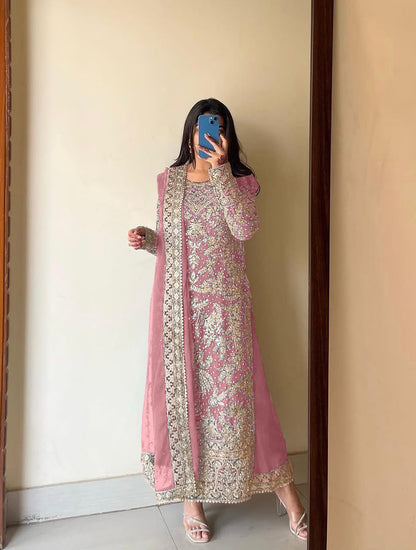 Captivating Heavy Embroidery Work Pink Color Palazzo With Dupatta Set