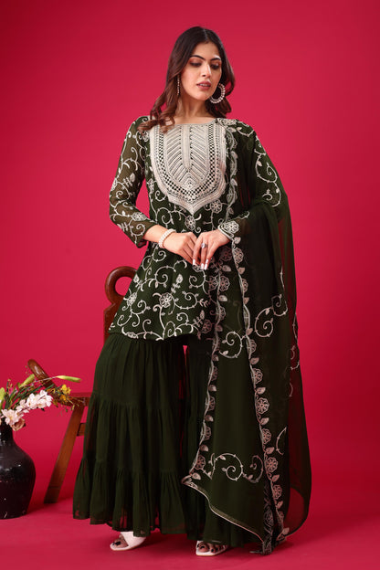 Designer Embroidery Work Green Color Sharara Suit