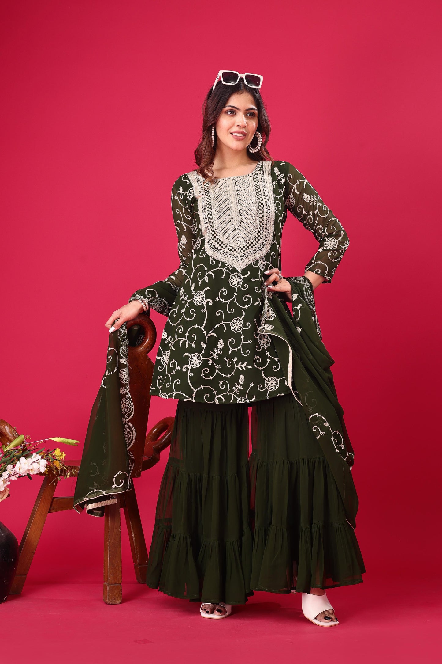 Designer Embroidery Work Green Color Sharara Suit