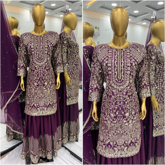 Mesmerizing Sequence Work Wine Color Sharara Suit