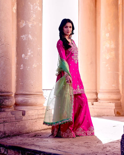 Ravishing Pink Silk with Sequence Work Palazzo Suit