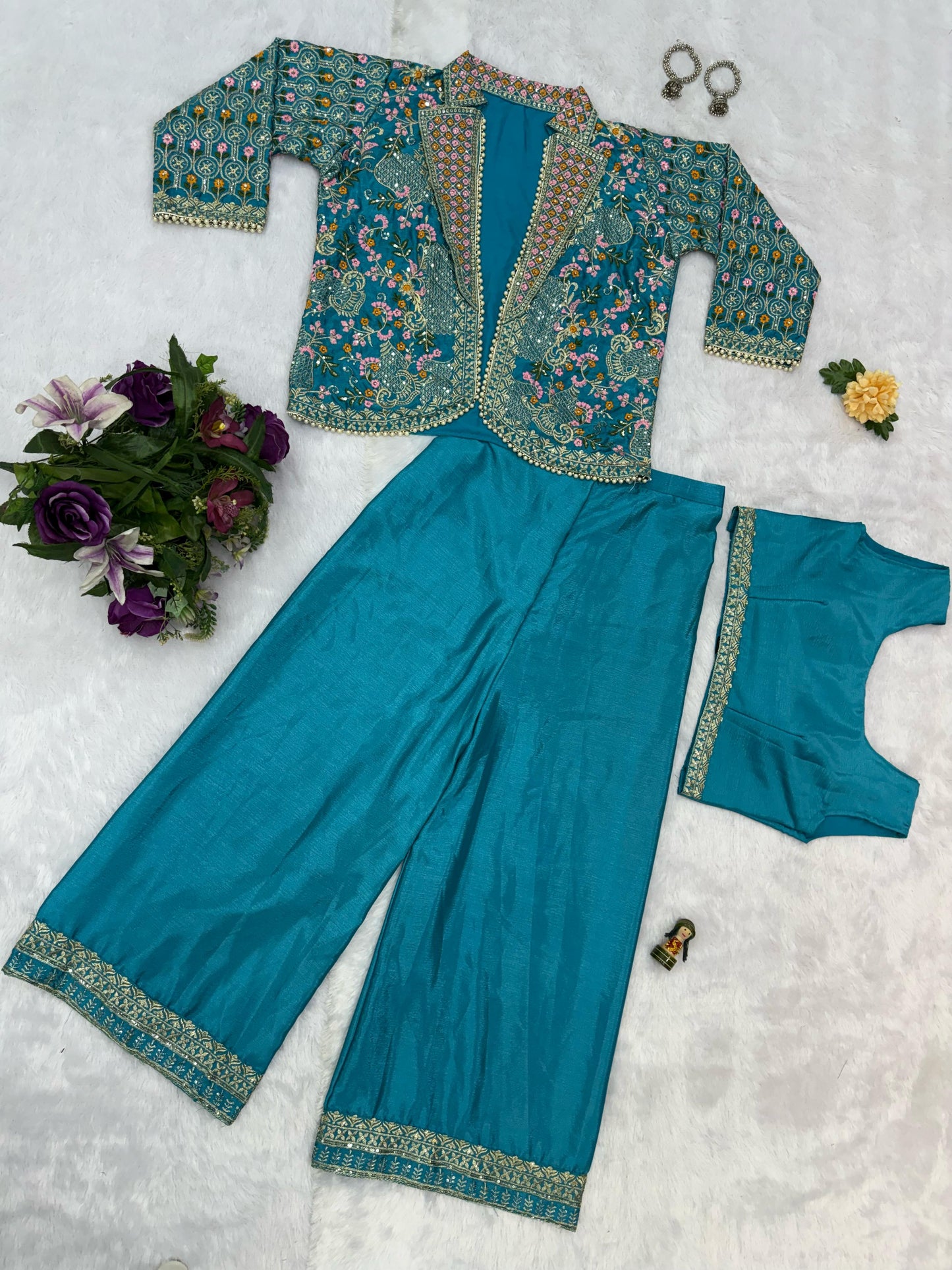 Flattering Chinon Teal Blue Color Palazzo Top With Koti