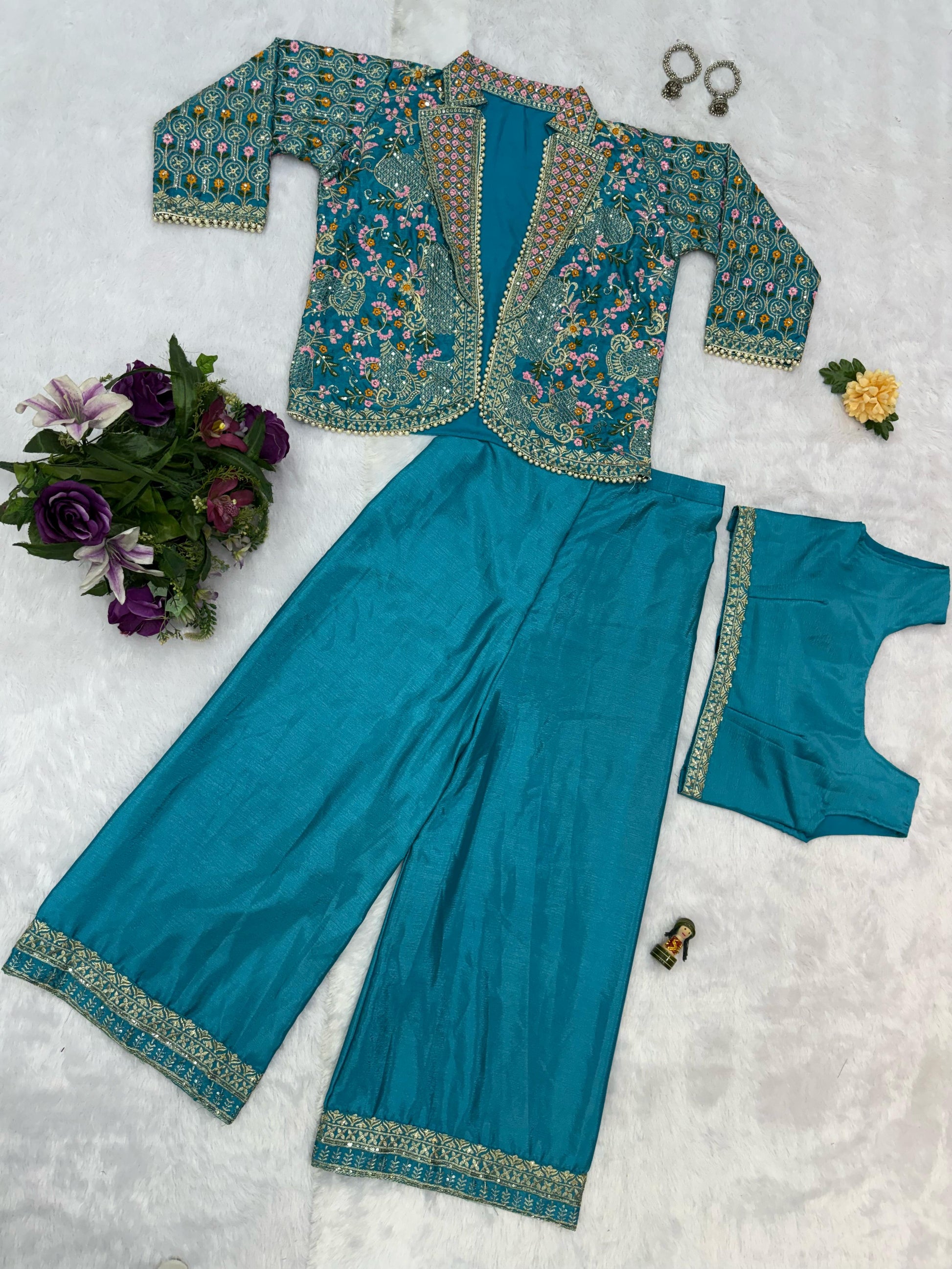 Flattering Chinon Teal Blue Color Palazzo Top With Koti