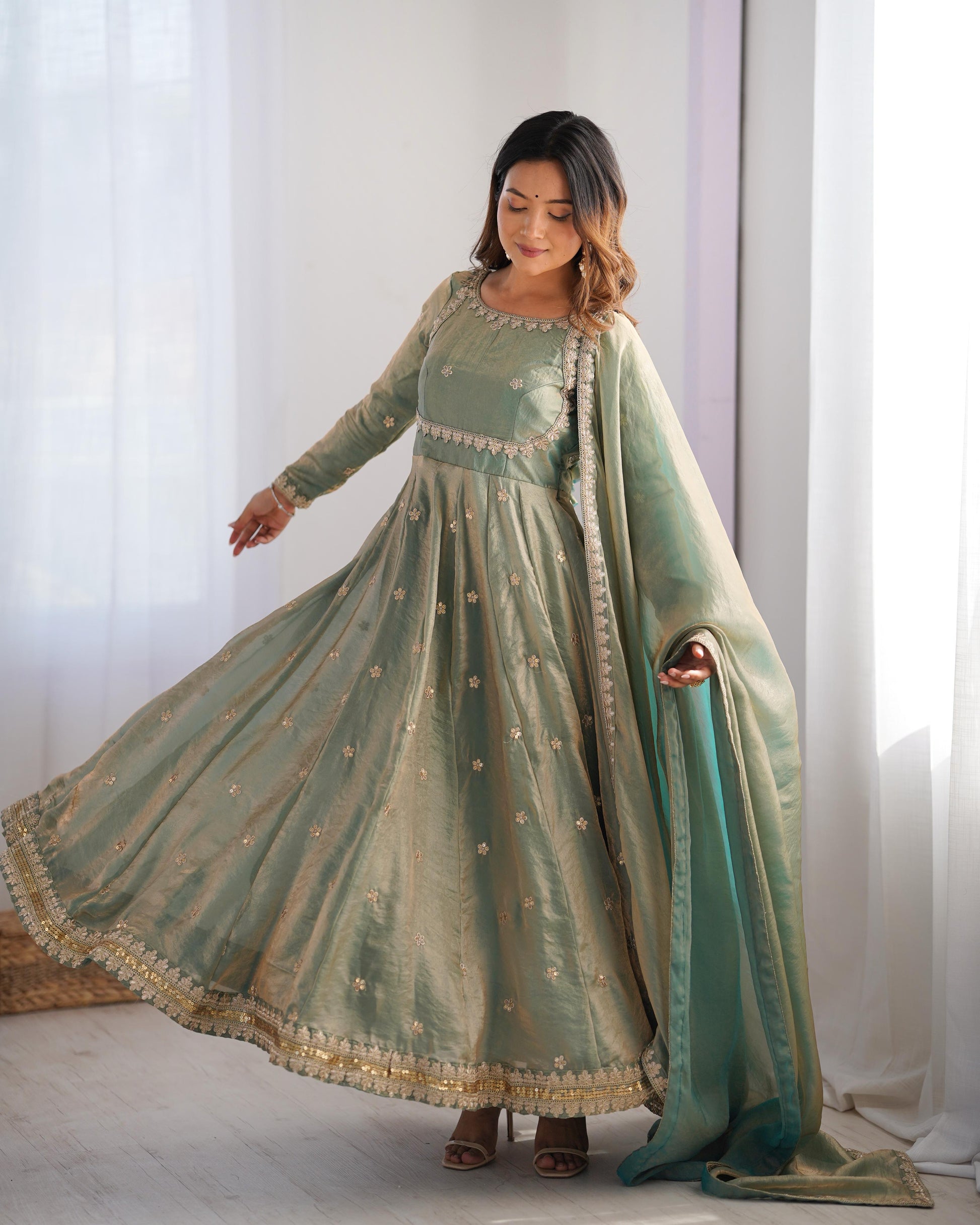 Fancy Sequence Work Green Color Silk Gown