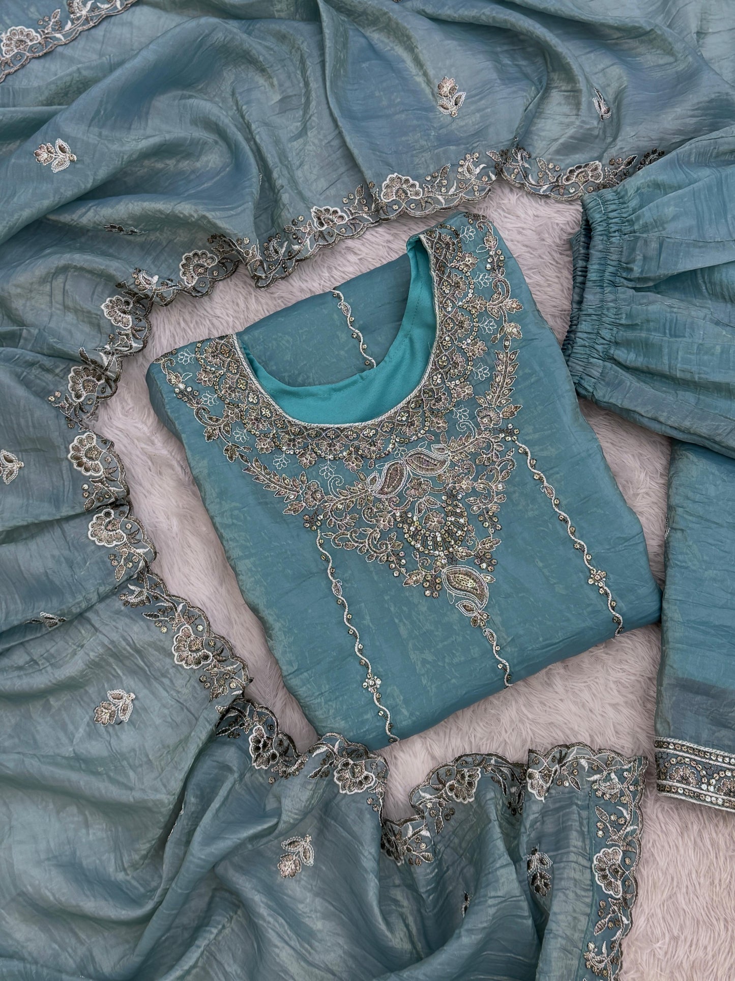 Designer Crush Silk Teal Blue Color Palazzo Suit