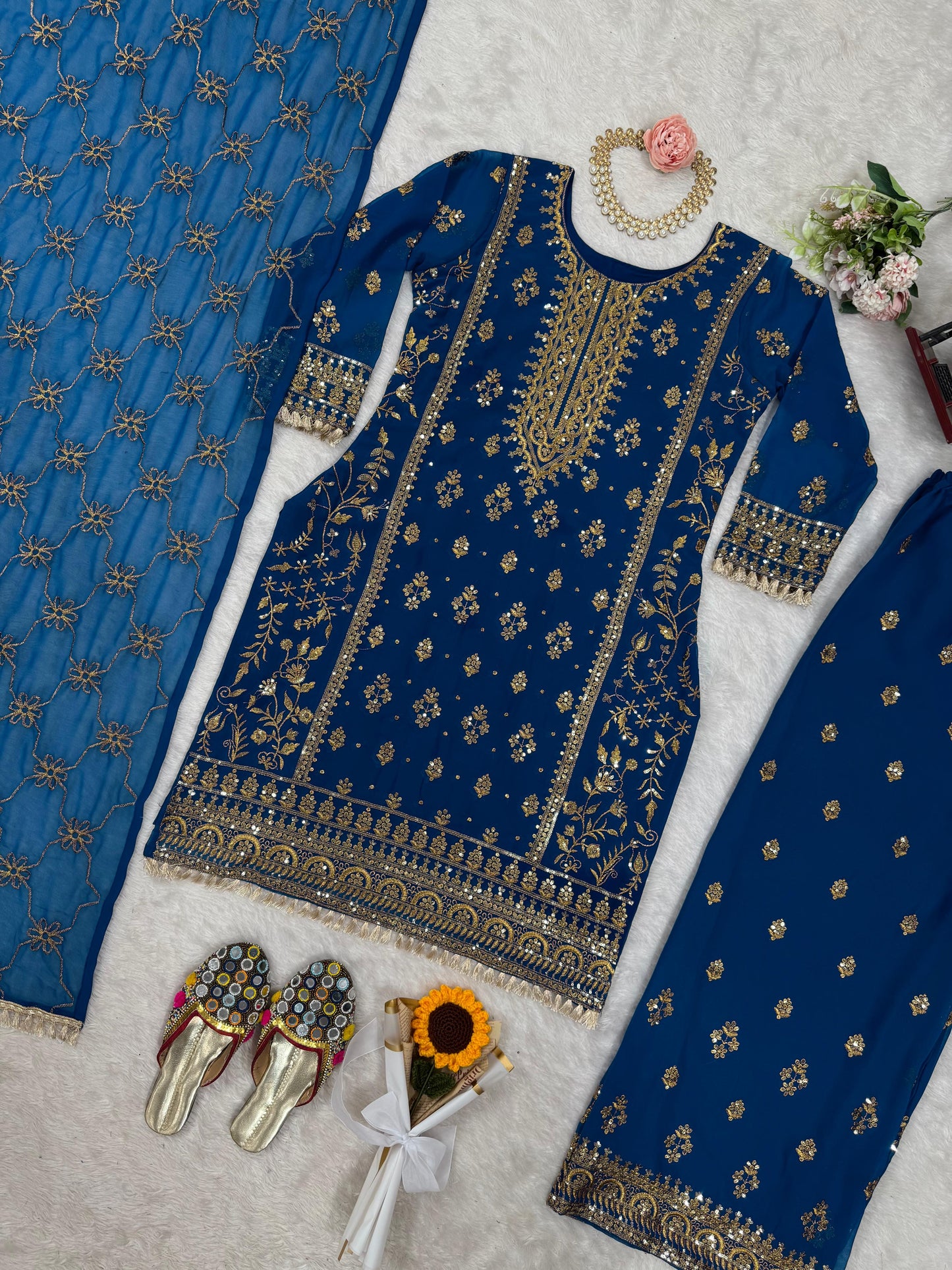 Look Designer Thread With Sequence Work Blue Color Sharara Suit