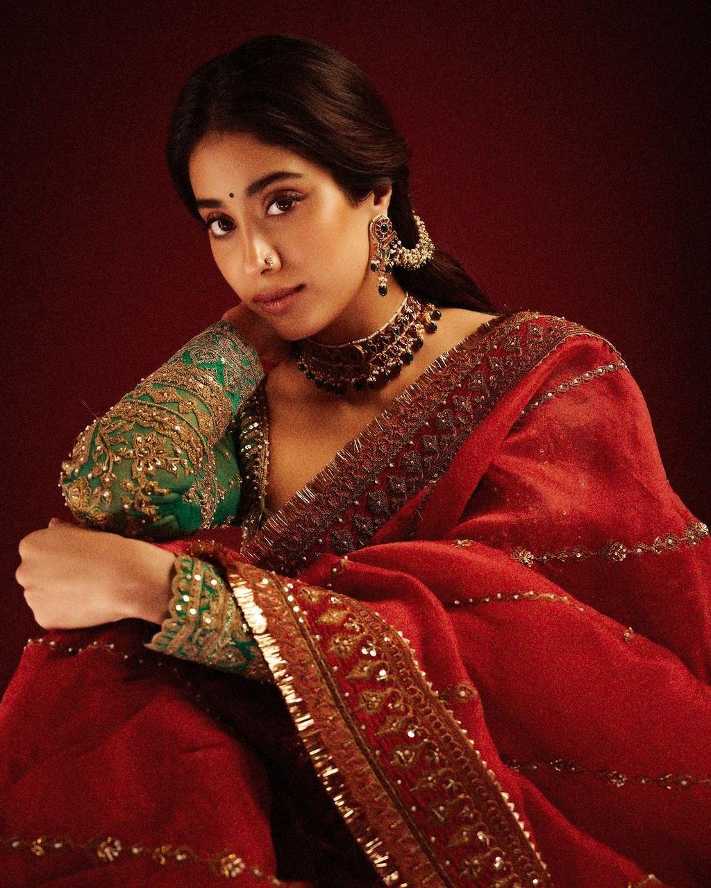 Jhanvi Kapoor Bollywood Organza Silk Red Color Sequnce Work Saree