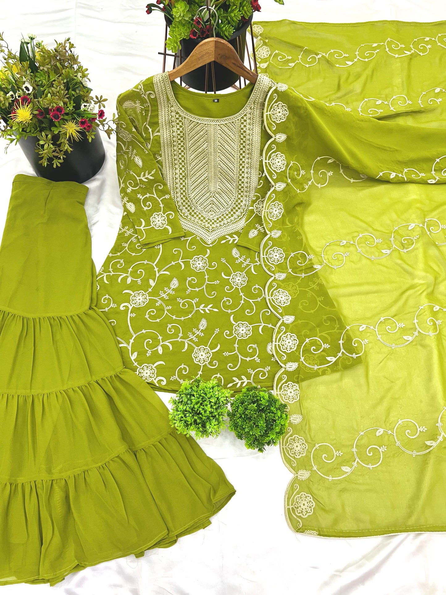 Designer Embroidery Work Perrot Color Sharara Suit