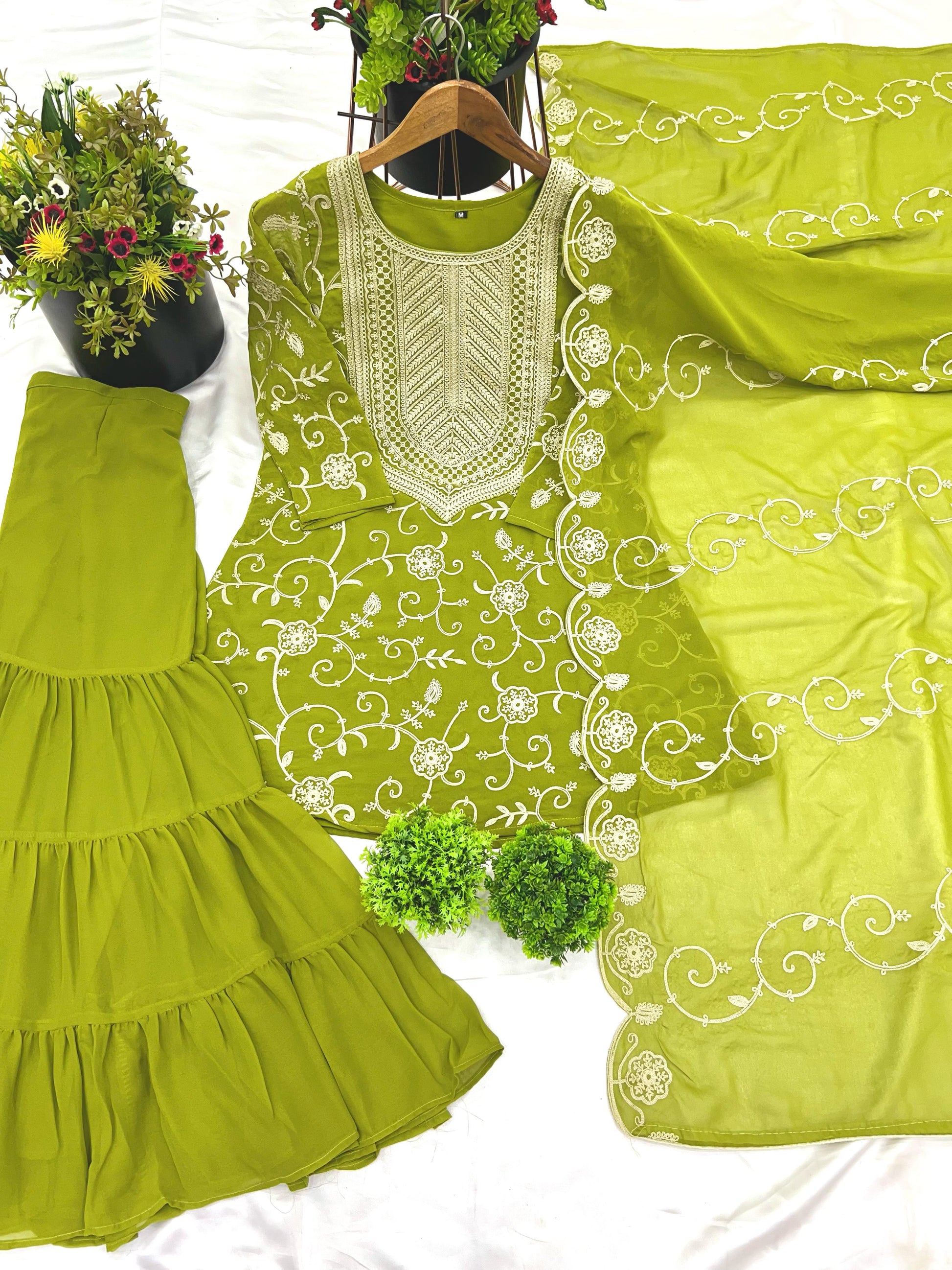 Designer Embroidery Work Perrot Color Sharara Suit