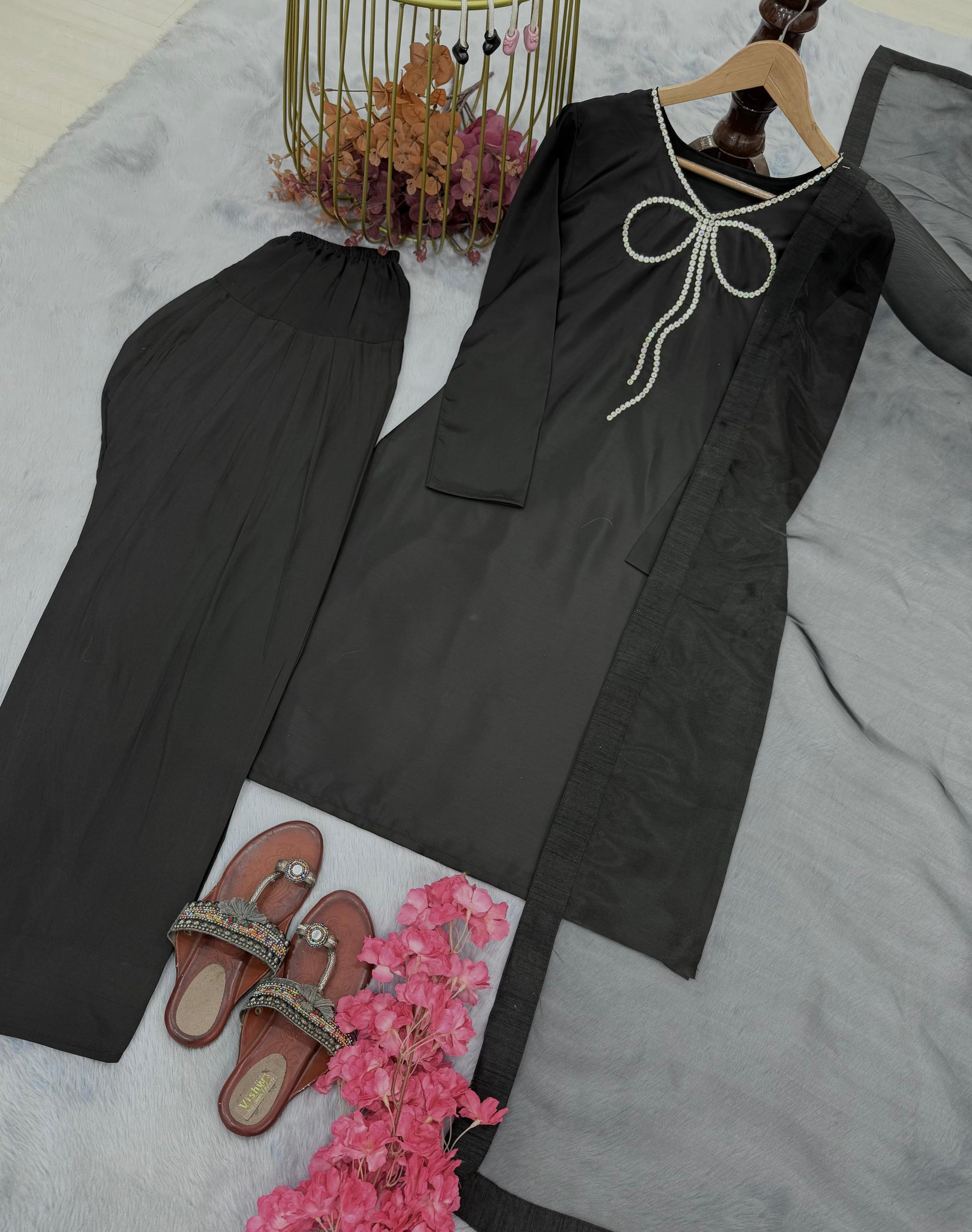 Preferable Sequence Work Black Color Palazzo Suit