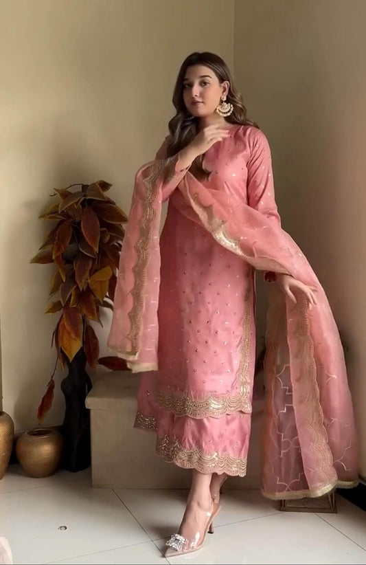 Adorable Roman Silk Peach Color Salwar Suit