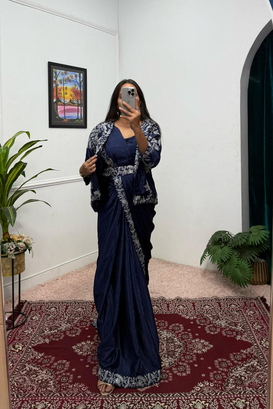 Designer Navy Blue Color Embroidery Work Saree With Koti