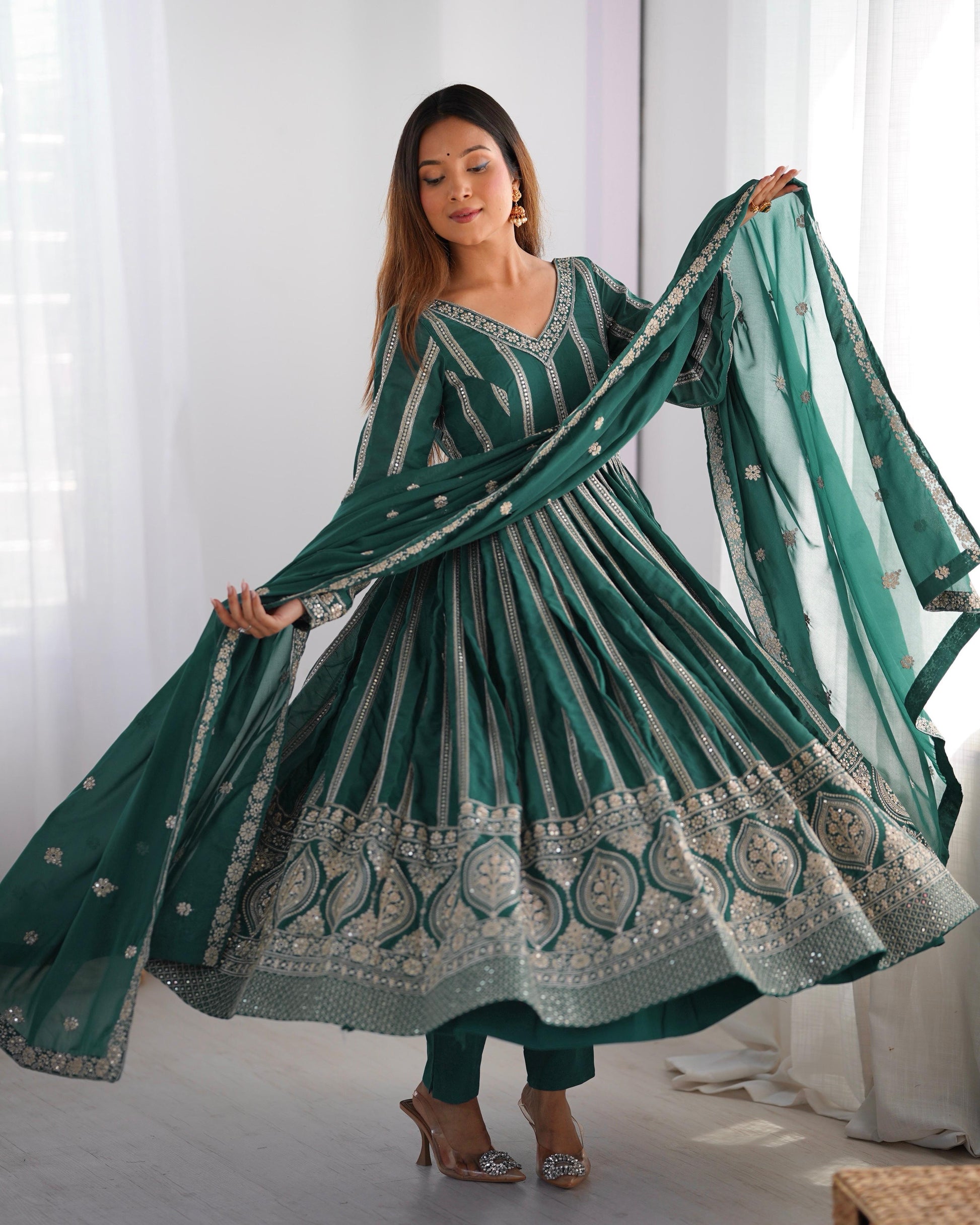 Wonderful Sequence Work Teal Green Color Gown