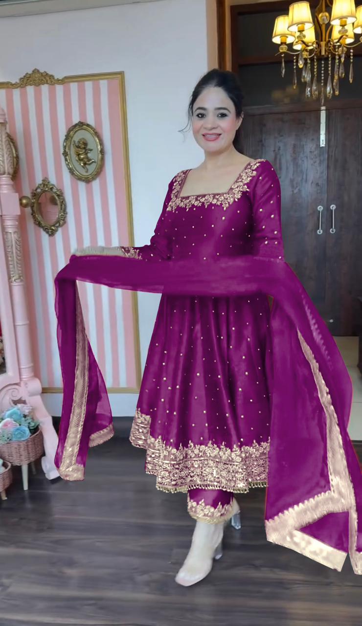 Glimmering Vichitra Silk Purple Color Anarkali Suit