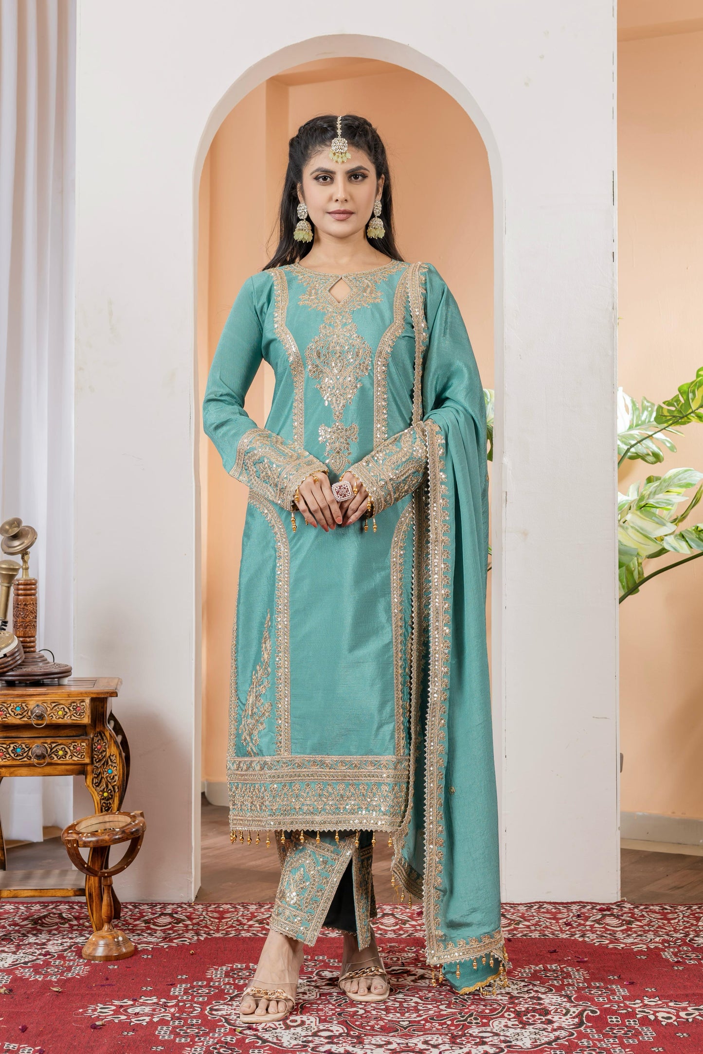 Imposing Chinon Silk Teal Blue Color Top With Plazzo