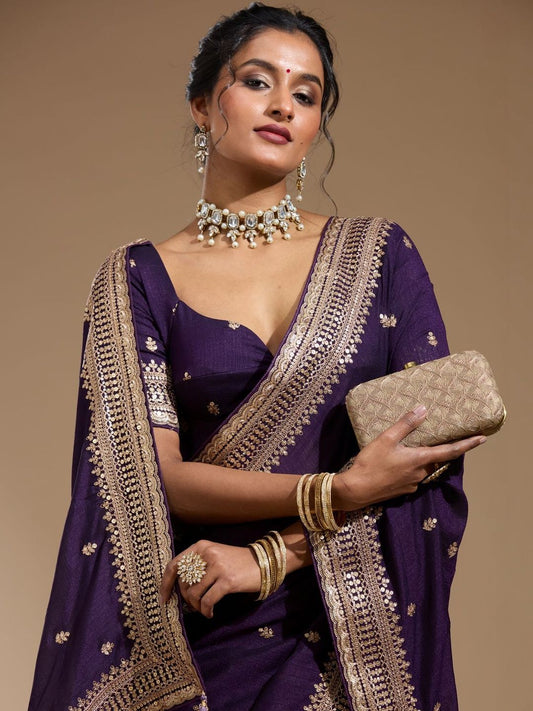 Royal Purple Silk Blend Saree with Gold Zari Border & Blouse | Wedding Party Wear Saree