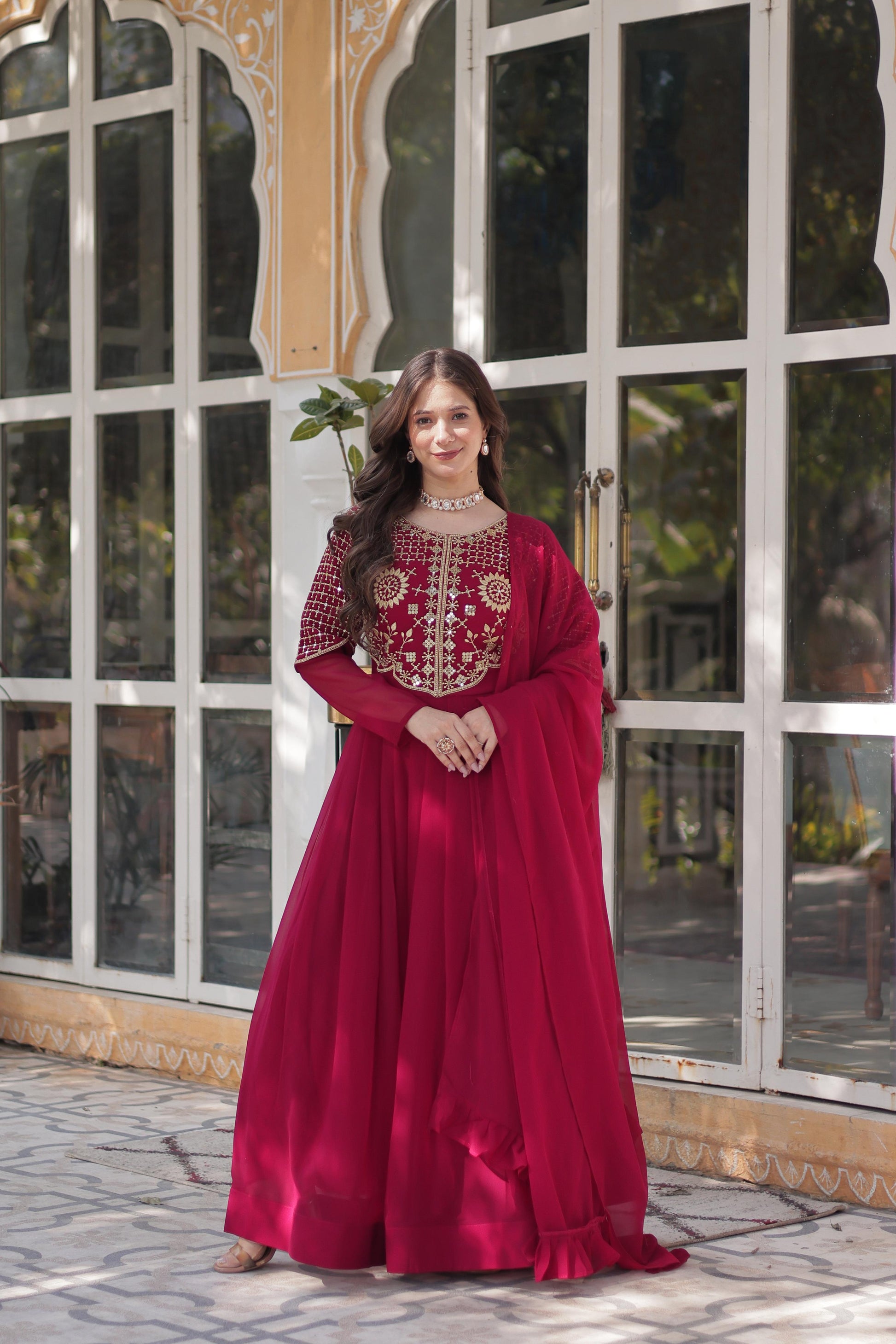 Stunning Georgette Embroidered Work Red Color Gown