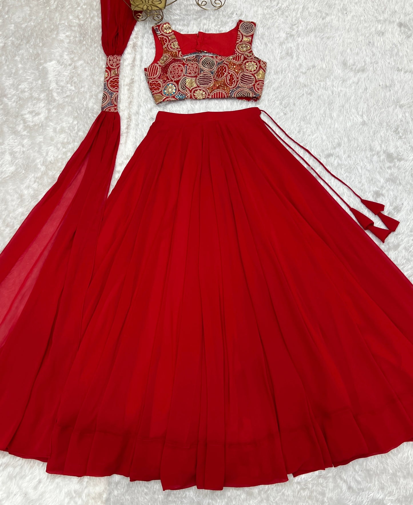 Glossy Red Color Pure Soft Fox Georgette Blooming Designer Ready to Wear Lehenga Choli