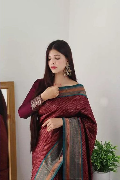 Maroon And Aqua Green Color Coper Jari Design Soft Silk Saree
