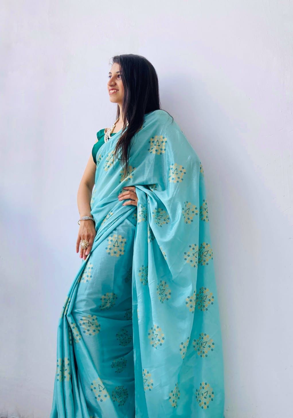 Foil Printed Sky Blue Color Chinon Saree