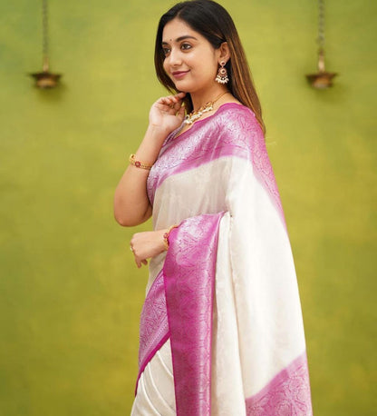Good Looking White With Pink Border Saree