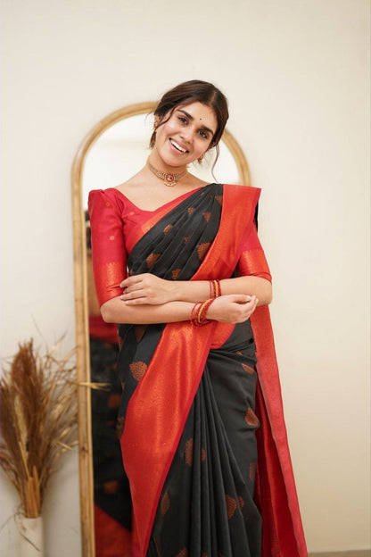 Designer Black Color Coper Jari Design Soft Silk Saree